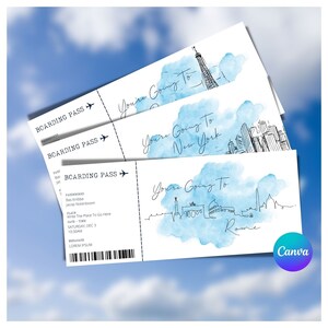 Bilhete presente surpresa editável, cartão de embarque para impressão, vale presente de aniversário personalizado, você vai para Roma Paris Nova York, PGC-73