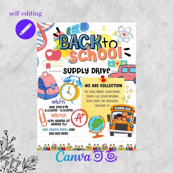 Editable Back to School Invite, Printable School Supply Drive Invitation, Supplies Flyer, First Day of School Flyer, PFT-16