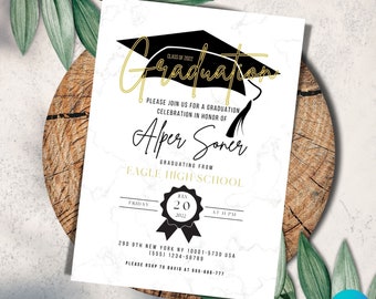 May include: Graduation invitation with a black and white marble background. The invitation features a black graduation cap with a gold tassel and the text "Graduation" in gold script. The text "Alper Soner" is written in black script. The invitation also includes the text "Class of 2022", "Graduating from Eagle High School", "Friday, July 20, 2022 at 11 PM", "290 9th New York NY 10001-5730 USA", "(555) 1234-56789", and "Please RSVP to David at 555-666-777".