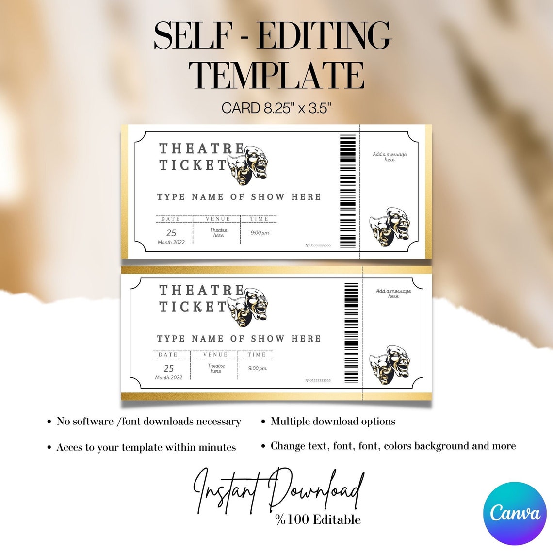 Editable Theatre Ticket Template, Custom Theatre Ticket Gift, Printable Theatre Tickets Gift ...