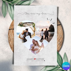 Bewerkbare Valentijnsdag hartpuzzelsjabloon voor koppels, bewerkbare Valentijnsdag fotokaartsjabloon, gepersonaliseerd hartpuzzelontwerp