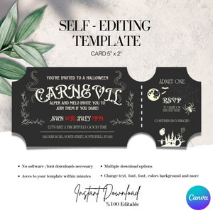 May include: A Halloween-themed ticket-shaped invitation card, 5" x 2", with the text "CARNEVIL" in a decorative font. The invitation includes event details, RSVP information, and the phrase "Costumes Encouraged."