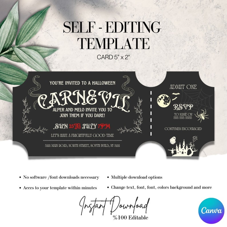 May include: A Halloween-themed ticket-shaped invitation card, 5" x 2", with the text "CARNEVIL" in a decorative font. The invitation includes event details, RSVP information, and the phrase "Costumes Encouraged."
