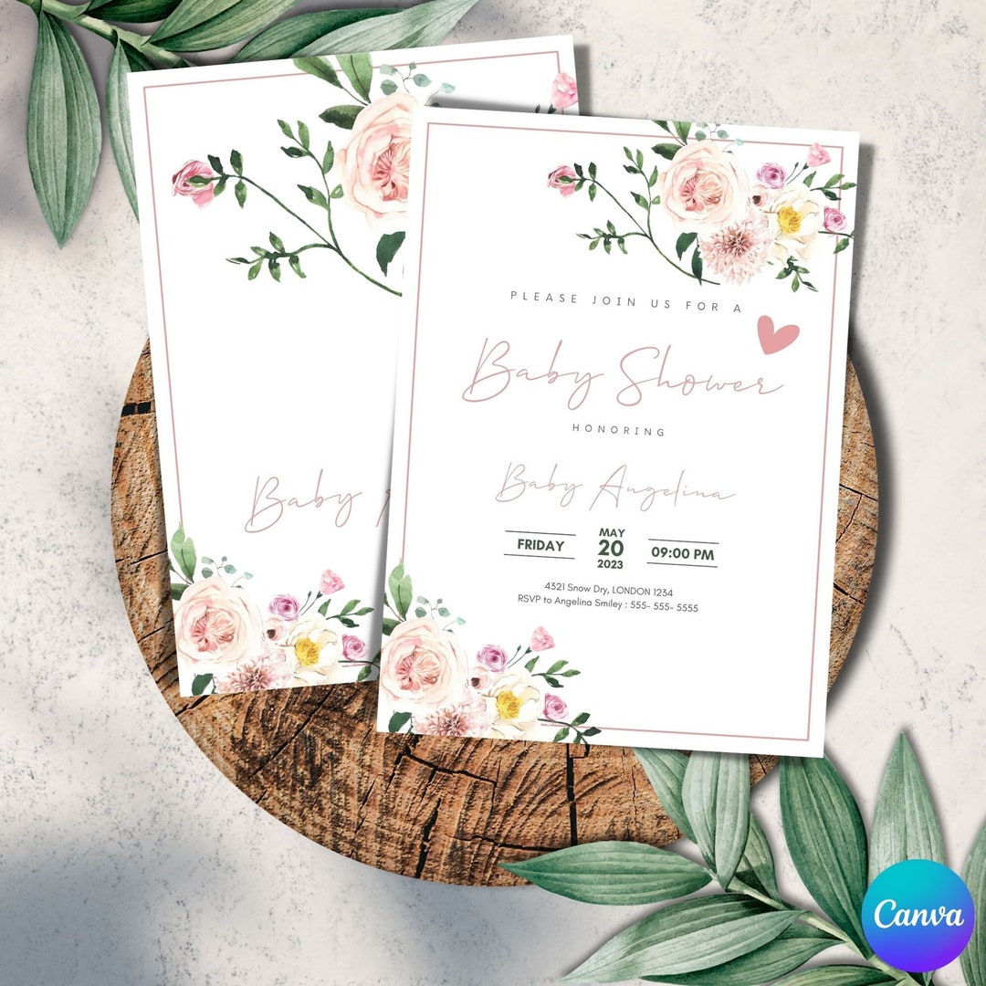 Editable Pink Flower Baby Shower, Printable Girls Baby Shower, Custom