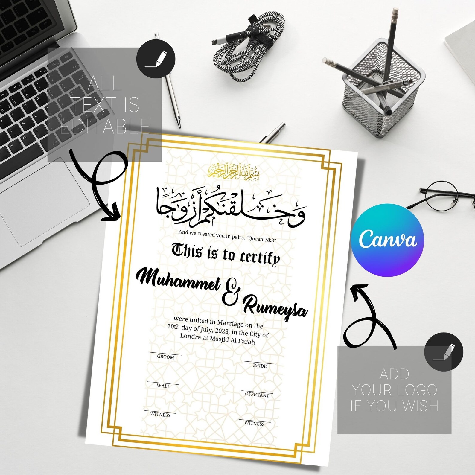 Custom Islamic Marriage Certificate Modern Nikah Template Etsy