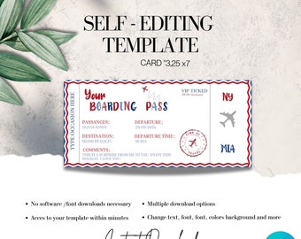 May include: Editable template for a boarding pass with a red, white, and blue color scheme. The template includes fields for passenger name, destination, departure date, and departure time. The text "Your Boarding Pass" is in a red and blue font. The template is designed to be used for a travel-themed party or event.