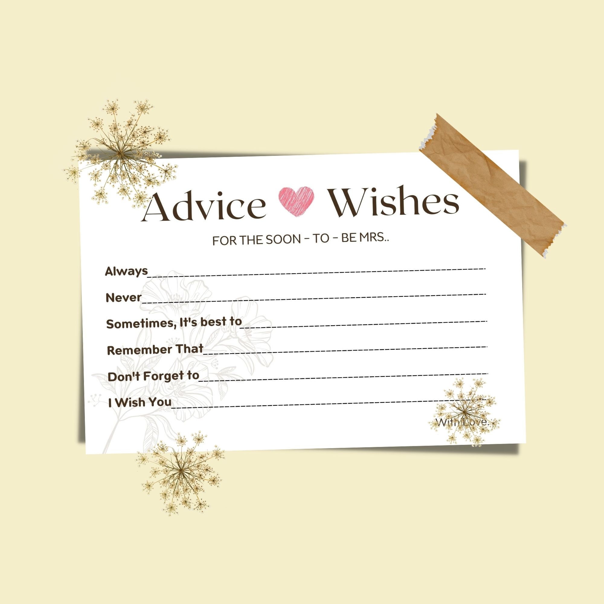 Editable Bridal Shower Cards, Printable Bride Advice Cards Template ...
