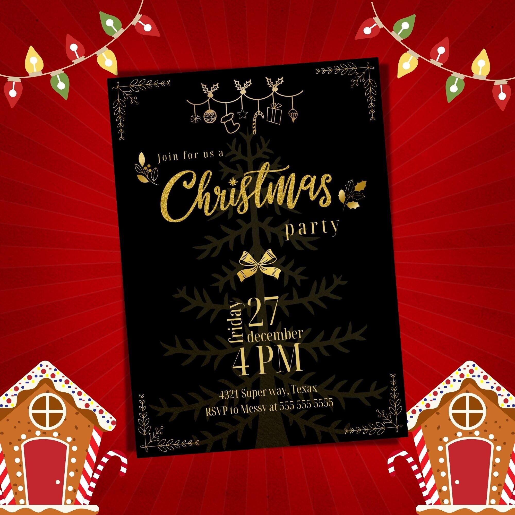Black Christmas Party Invitation, Editable Christmas Invite, Electronic ...