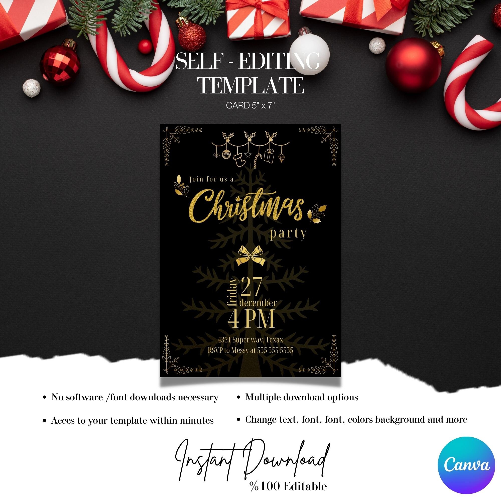 Black Christmas Party Invitation, Editable Christmas Invite, Electronic ...