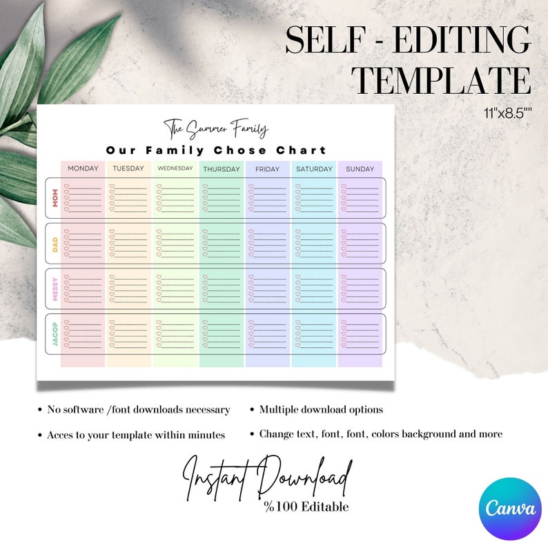 Editable Colorful Family Chore Chart, Printable Weekly Family Schedule ...