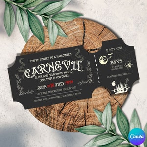 May include: A Halloween Carnival ticket design with a black background and white text. The ticket includes event details, a snake illustration, and a spooky castle graphic. The ticket is on a wooden surface with green leaves.