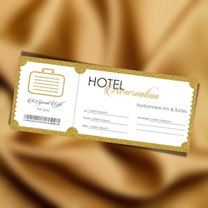 Bearbeitbarer Gold-Gutschein für Hotelreservierung, individuelles Reiseticket, anpassbarer Geschenkgutschein, Hotelgutschein, Geschenk für eine Wochenendreise, PGC-68