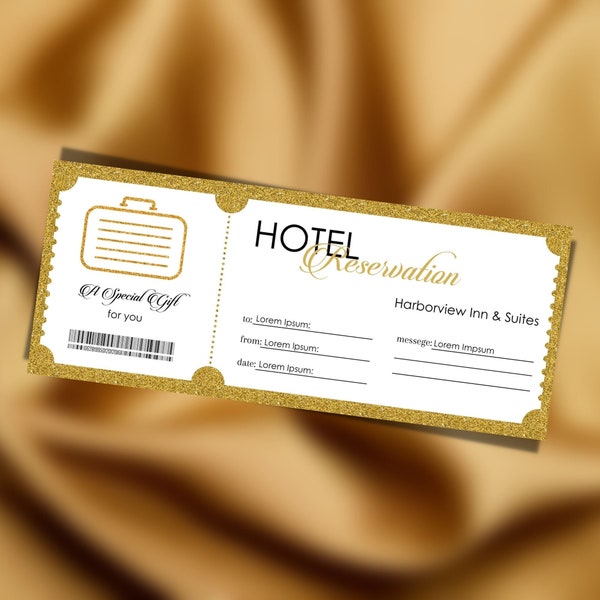 Editable Gold Hotel Reservation Voucher, Custom Travel Ticket, Customisable Gift Voucher, Hotel Voucher, Weekend Away Trip Gift, PGC-68