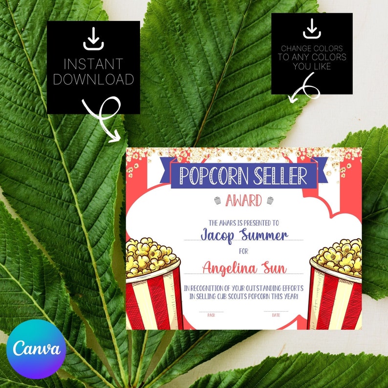 Editable School Popcorn Sales Award Certificate, Cub Scout Popcorn