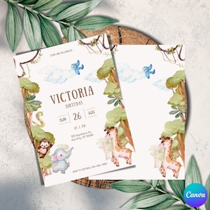 Invitation d'anniversaire de safari, invitation d'anniversaire modifiable d'animal de partie, invitation d'anniversaire de jungle, invitation sauvage de partie, éditent dans Canva, PIC-12