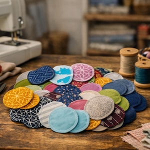 Könnte beinhalten: Eine Ansammlung farbenfroher, gemusterter Stoffkreise, wahrscheinlich wiederverwendbare Make-up-Entferner-Pads, auf einem Holztisch angeordnet. Nähzubehör, darunter Garnrollen, Scheren und ein Nadelkissen, sind ebenfalls zu sehen.