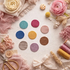Könnte beinhalten: Acht runde, stoffbezogene Knöpfe in verschiedenen Farben wie Türkis, Magenta, Altrosa, Blau, Senfgelb, Braun, Beige und Lila, angeordnet auf einer strukturierten Oberfläche neben Nähzubehör wie Garnrollen und einer Schere.