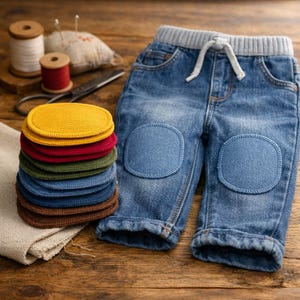 Könnte beinhalten: Blaue Baby-Jeans mit Kniepatches und einem grauen, elastischen Bund. Ein Stapel ovaler Stoffflicken in Farben wie Gelb, Rot und Blau liegt neben der Jeans. Nähutensilien, einschließlich Garnrollen, sind im Hintergrund zu sehen.