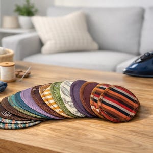 Könnte beinhalten: Eine Ansammlung farbenfroher, runder Stoffartikel mit verschiedenen Mustern, darunter Streifen und florale Designs, auf einem Holztisch angeordnet. Ein blaues Bügeleisen und ein Korb mit Garn befinden sich im Hintergrund.