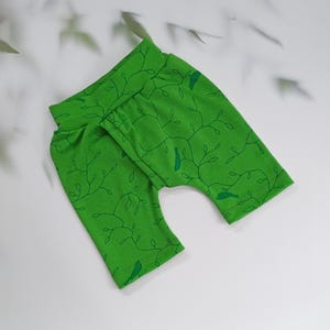 Pu&ograve; includere: Pantaloni da bambino verde brillante con un motivo di vite e uccelli verde scuro. I pantaloni hanno una vita alta e sono realizzati in tessuto morbido. Il design presenta un motivo ripetuto di viti e piccoli uccelli.