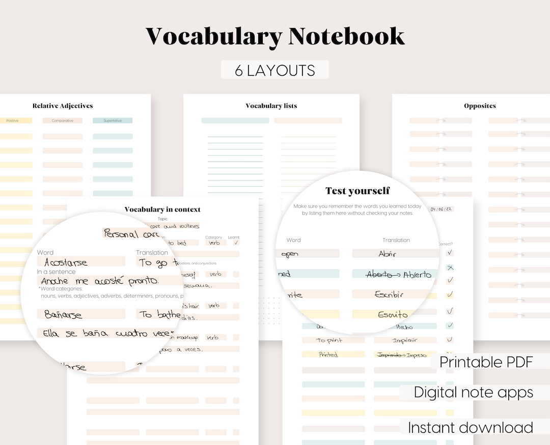 Vocabulary Notebook Language Learning Printables PDF Notebook (Instant