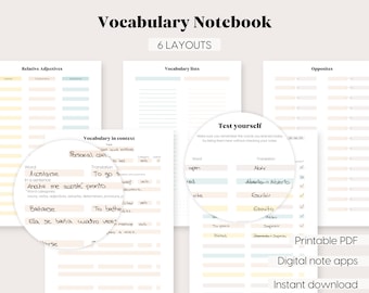 Vocabulary Notebook - Language Learning Printables PDF Notebook