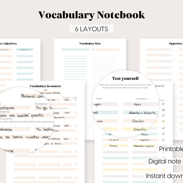 Carnet de vocabulaire - Apprentissage des langues Imprimables PDF Notebook
