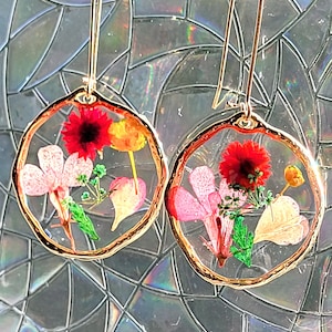Real Pressed Spring Flower Bling Gold Plated Edged Earrings