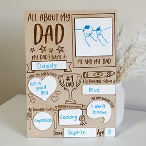 May include: A wooden sign with the title "All About My Dad" and a drawing of a child and an adult. The sign has spaces for a child to fill in information about their dad, such as their dad's name, favourite colour, and favourite food. The sign is decorated with hearts, stars, and a trophy.