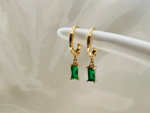 Emerald Green 18k Gold Plated Hoop Earrings, Dainty Hoops, Small Hoop Earrings, Dangly, Women's Gift, May Birthstone