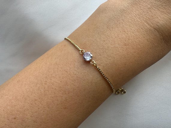 Light Purple 18k Gold Plated Adjustable Slider Bracelet With Dangly Rhinestone Ends, Women's Gift, Gift For Her
