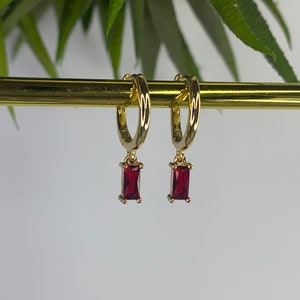 Ruby Red Gold Plated Hoop Earrings, Small Huggies, July Birthstone, Women's gift image 2