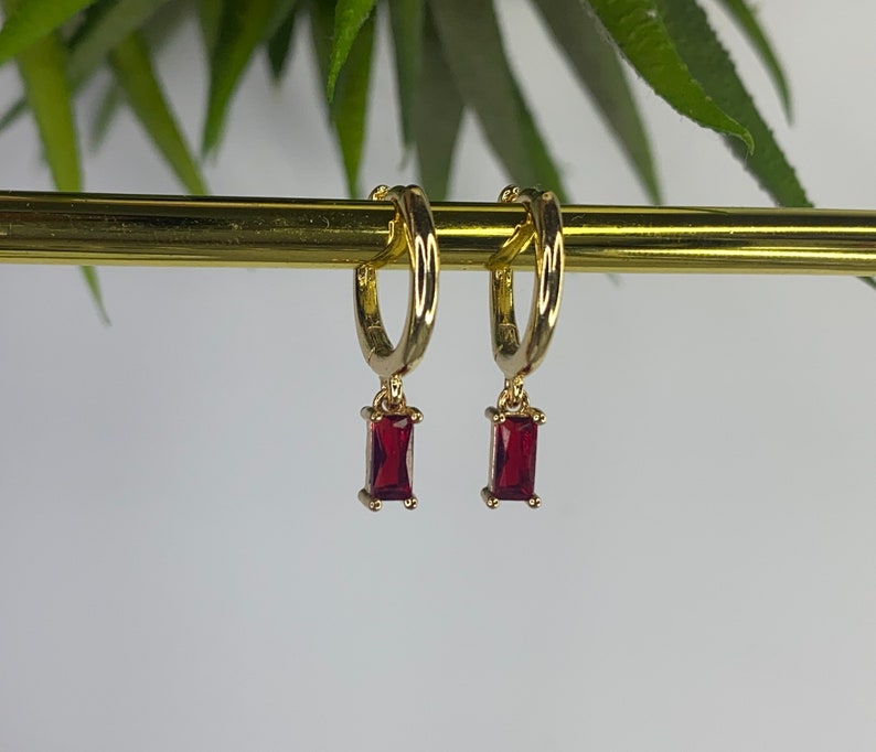 Ruby Red Gold Plated Hoop Earrings, Small Huggies, July Birthstone, Women's gift image 2