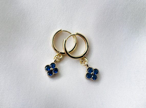 Sapphire Blue 18k Gold Plated Flower Hoop Earrings, September Birthstone, Gift For Her, Women's Gift,