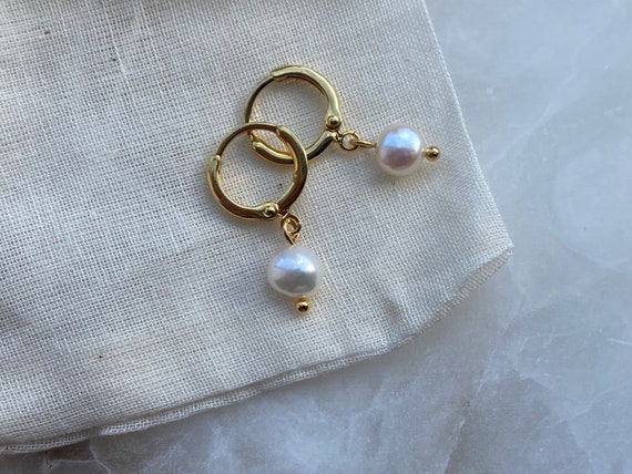 Freshwater Pearl Earrings, Dainty 18k Gold Plated Hoop earrings, Natural Pearl Huggies, Minimalist Hoops, Women's Gift, June Birthstone