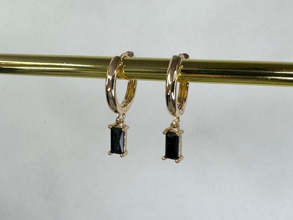 18k Gold Plated Black Onyx Hoop Earrings, Small Huggies, Gold Hoop Earrings, Women's Gift, Gift For Her