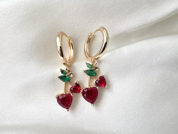 18k Gold Plated Cherry Heart Hoop Earrings: July Birthstone