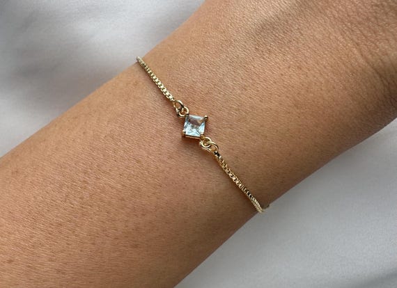 Aquamarine 18k Gold Plated Adjustable Slider Bracelet With Dangly Rhinestone Ends, March Birthstone, Women's Gift, Gift For Her