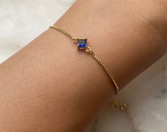 Sapphire Blue Gold Plated Bracelet, With Adjustable Slider And Dangly Rhinestone Ends, Women’s Gift, September Birthstone