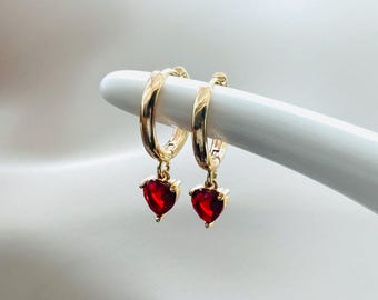 18k Gold Plated Red Heart Hoop Earrings, Small Hoops, Gold Huggies, Women's Gift, Gift For Her, July Birthstone