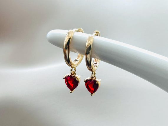 18k Gold Plated Red Heart Hoop Earrings, Small Hoops, Gold Huggies, Women's Gift, Gift For Her, July Birthstone