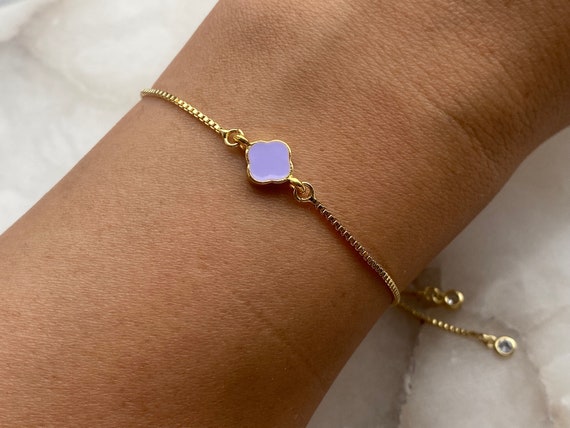 Purple Clover Bracelet With Adjustable Slider And Dangly Rhinestone Ends, Dainty Elegant, Women's Gift