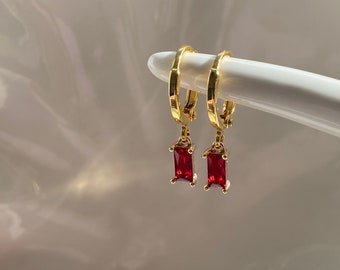 Ruby Red 18k Gold Plated Hoop earrings, Dainty Hoops, Ruby Red Dangly Earrings, Small Hoops, Huggies, Gift For Her,July Birthstone