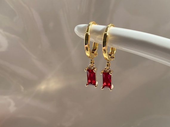 Ruby Red 18k Gold Plated Hoop earrings, Dainty Hoops, Ruby Red Dangly Earrings, Small Hoops, Huggies, Gift For Her,July Birthstone