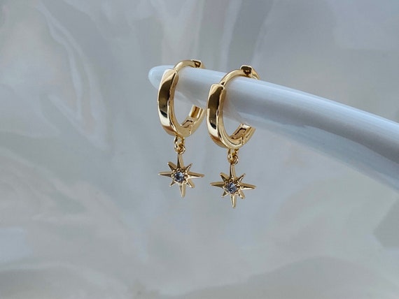North Star 18k Gold Plated Hoop Earrings, Small Celestial Hoop Earrings, Gold Plated Huggies, Women's Gift, Gift For Her
