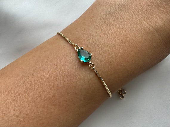 Ocean Green 18k Gold Plated Adjustable Slider Bracelet With Dangly Rhinestone Ends, Women's Gift, Gift For Her