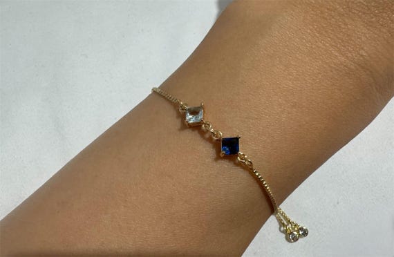 Sapphire Blue Aquamarine 18k Gold Plated Adjustable Slider Bracelet, Women's Gift, Gift For Her