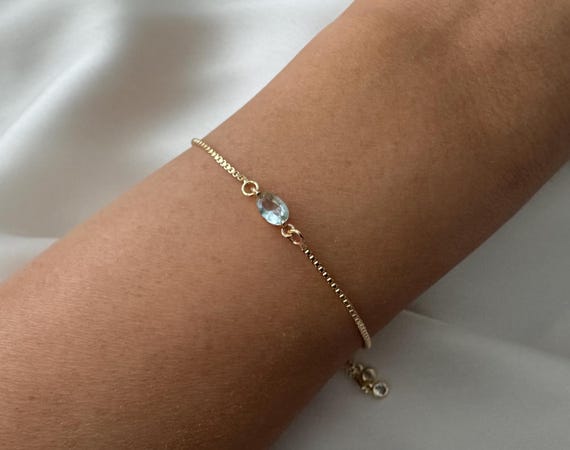 Aquamarine 18k Gold Plated Bracelet With Adjustable Slider, Dangly Rhinestone Ends, Women's Gift , Gift For Her, March Birthstone