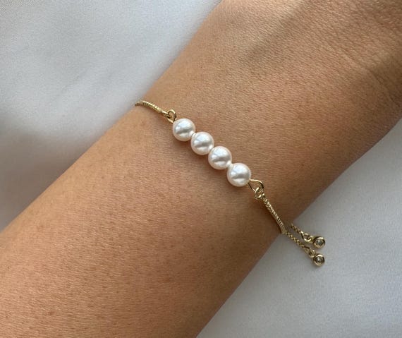 Swarovski Pearl 18k Gold Plated Adjustable Slider Bracelet With Dangly Rhinestone Ends, Gift For Her, Women's Gift