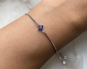 Sapphire Blue Adjustable Slider Bracelet With Dangly Rhinestone Ends, Minimalist Bracelet, Women's Gift, September Birthstone